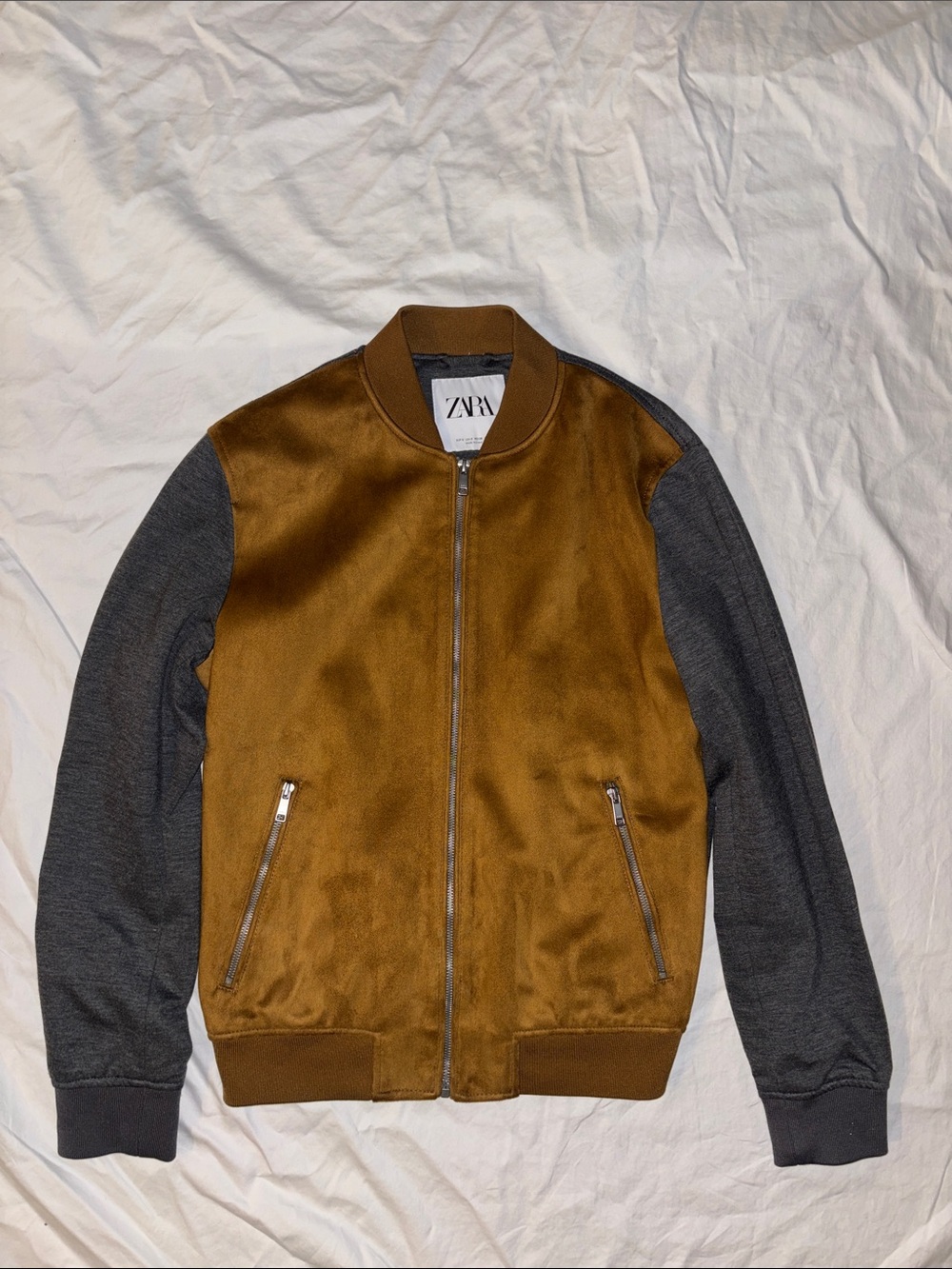 Zara Man Faux Suede Combined Bomber Jacket Camel Gray - Small